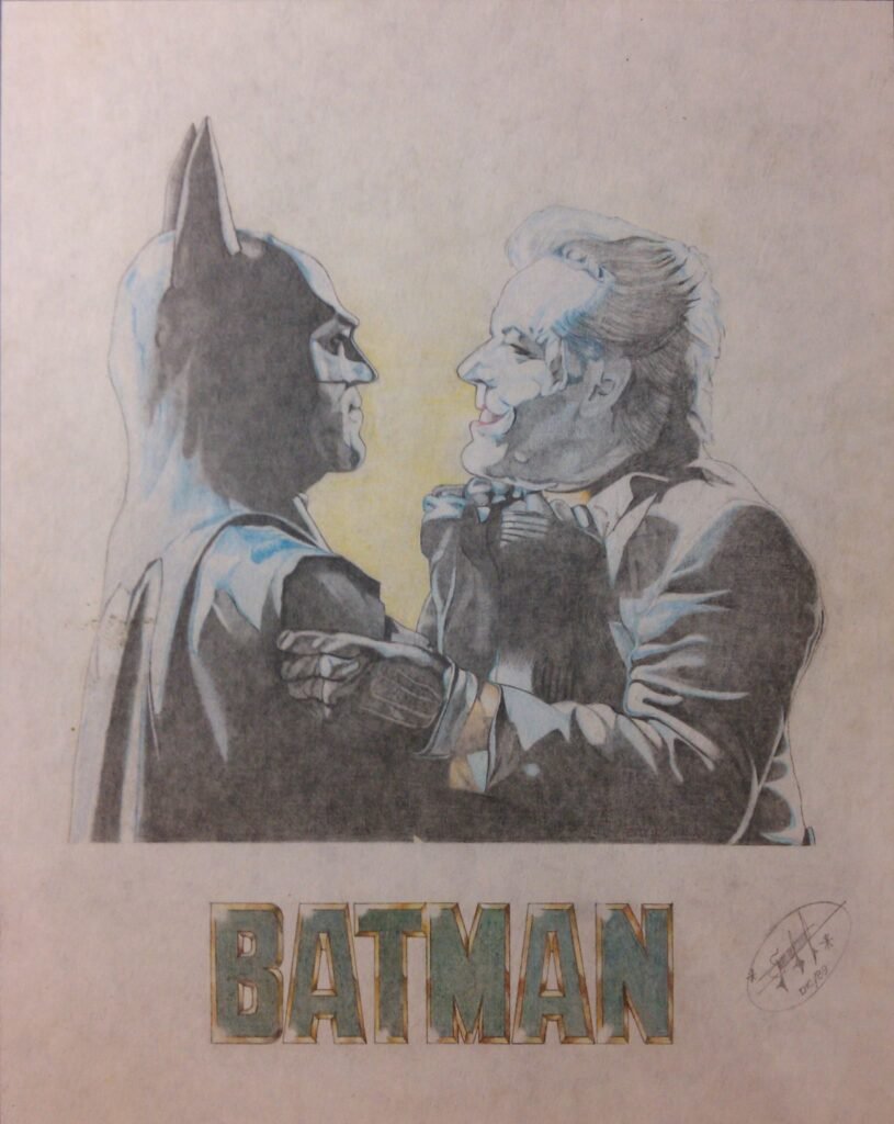 Dibujo a grafito y lápices de color de Batman y el Joker, obra temprana de Francisco Carbajal