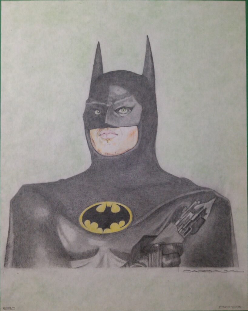 Dibujo a grafito y lápices de color de Batman, obra temprana de Francisco Carbajal