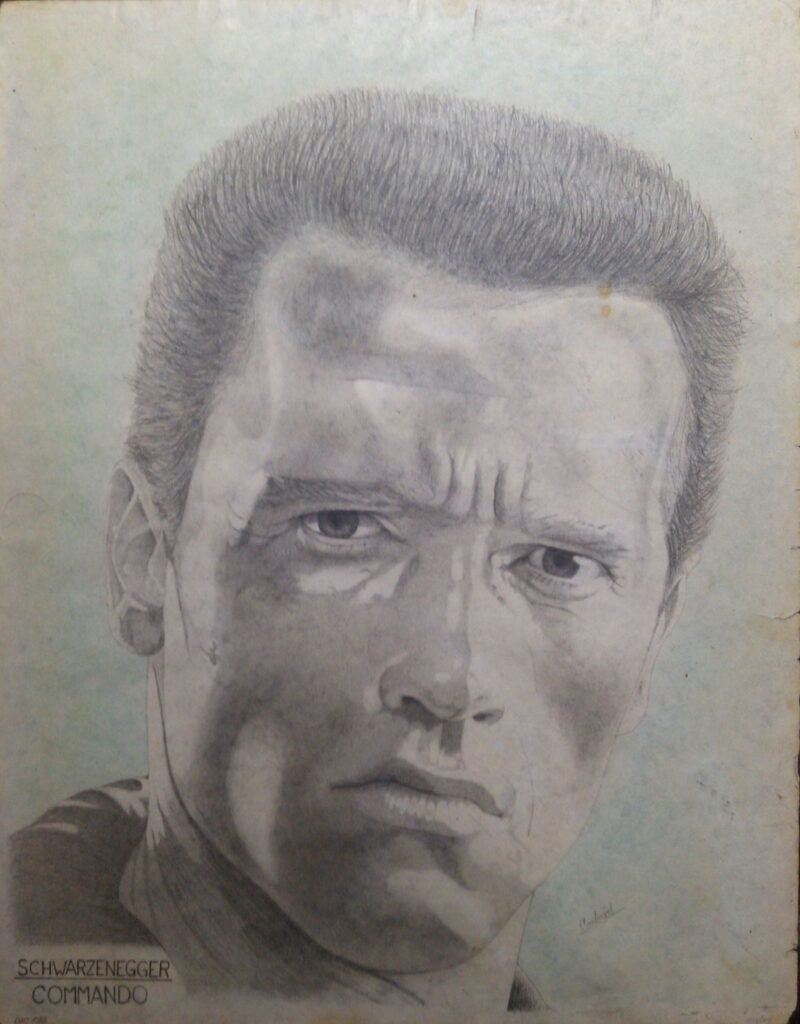 Retrato realista a grafito de Arnold Schwarzenegger, dibujo de juventud de Francisco Carbajal