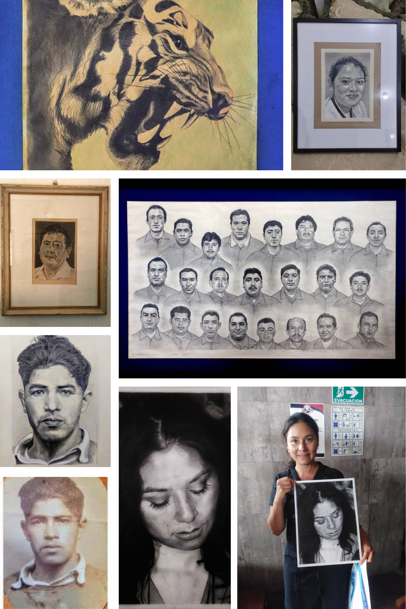 Collage de retratos realistas a grafito y carboncillo por Francisco Carbajal, Morelia