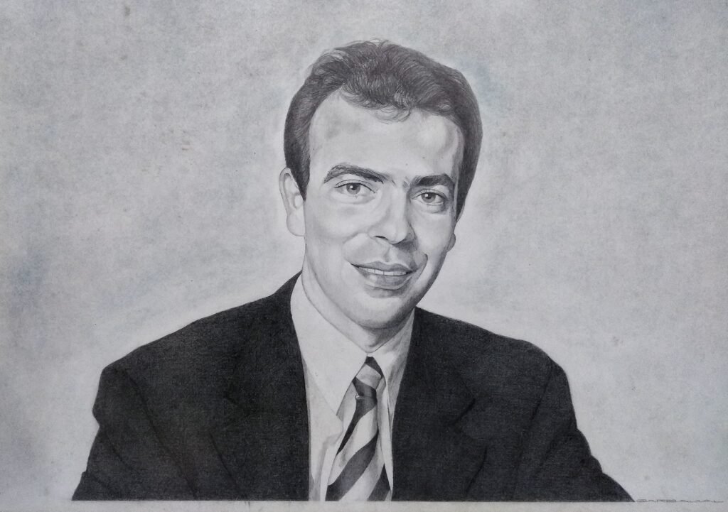 Retrato realista a grafito de Alejandro Ramírez con traje y corbata a rayas, escala de grises