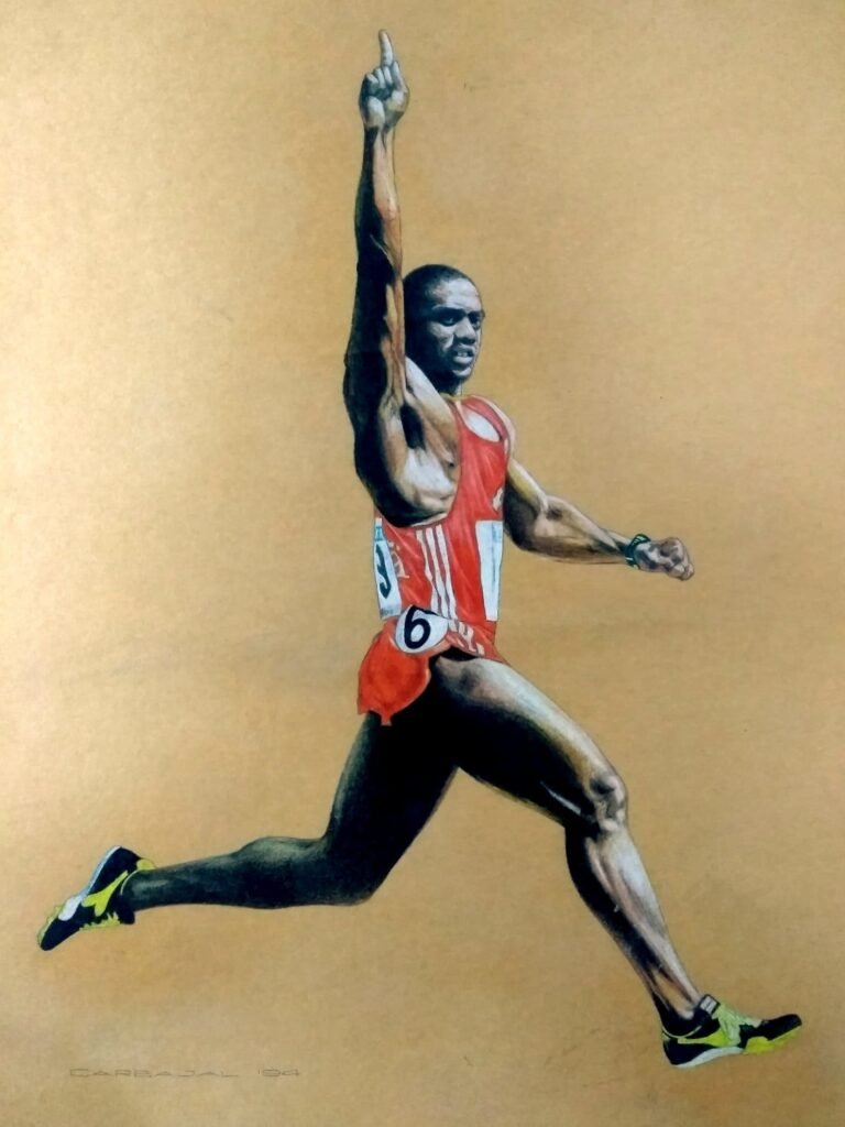 Retrato realista de atleta Ben Johnson en plena carrera, dibujo a pastel sobre papel marquilla