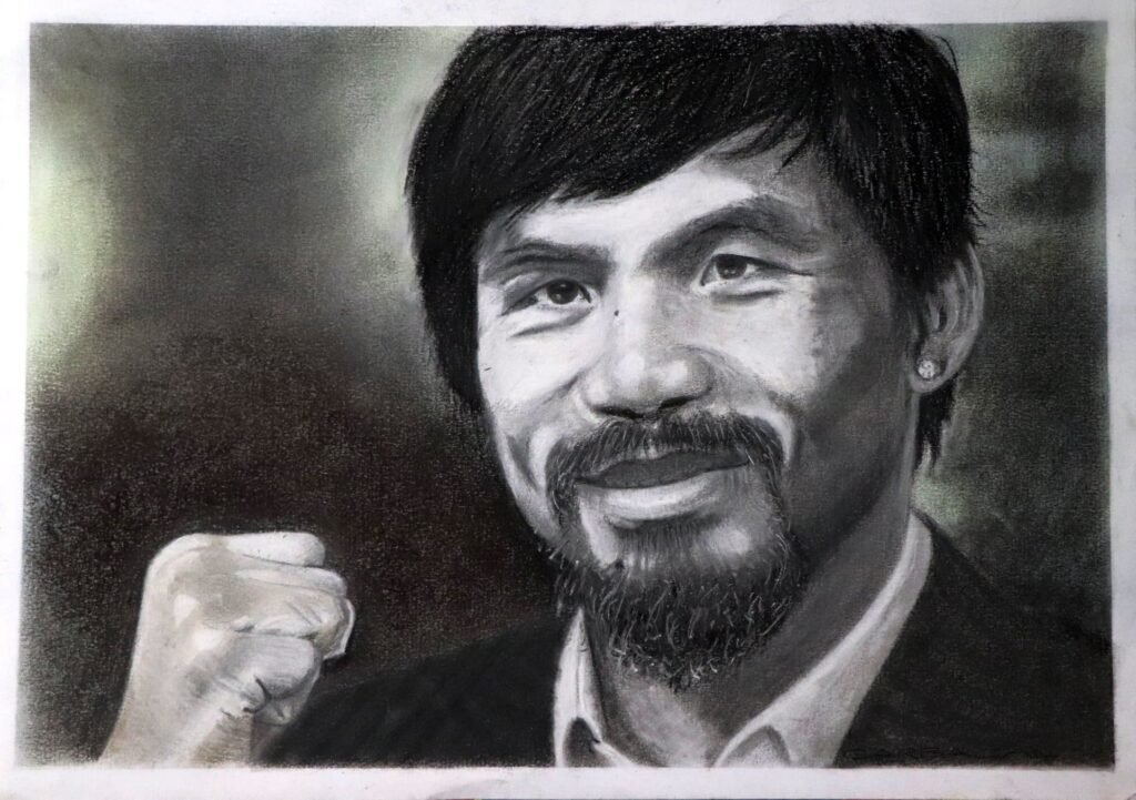 Retrato realista a grafito y carboncillo de Manny Pacquiao con gesto desafiante, escala de grises